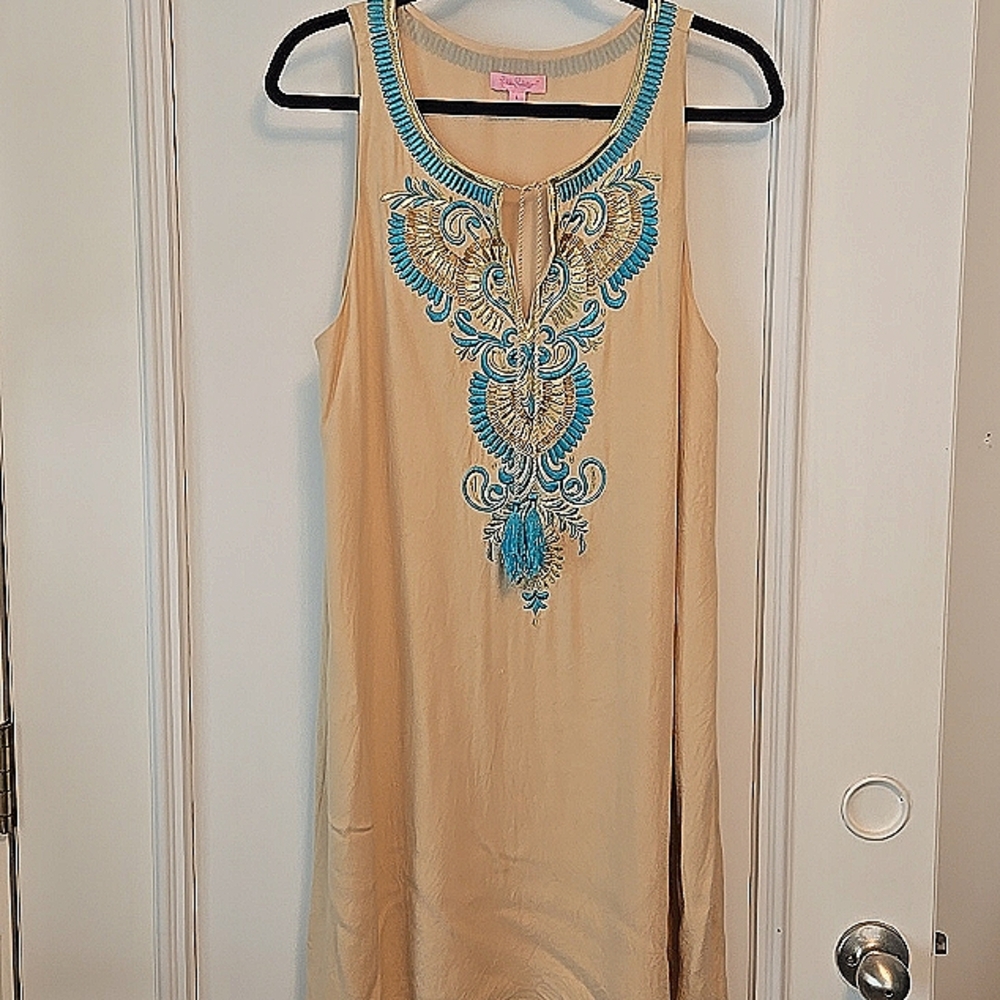 LILLY PULITZER AUBRA SLEEVELESS SHIFT DRESS BEIGE AQUA GOLD SIZE Large